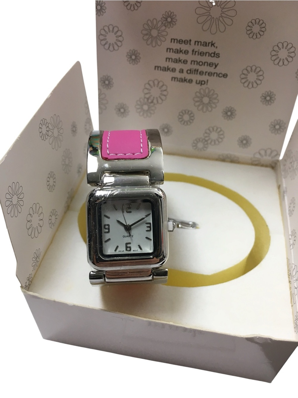 mark. Metal Mix Bangle Watch Pink Vinyl Silvertone Adjustable Avon 2004 RARE